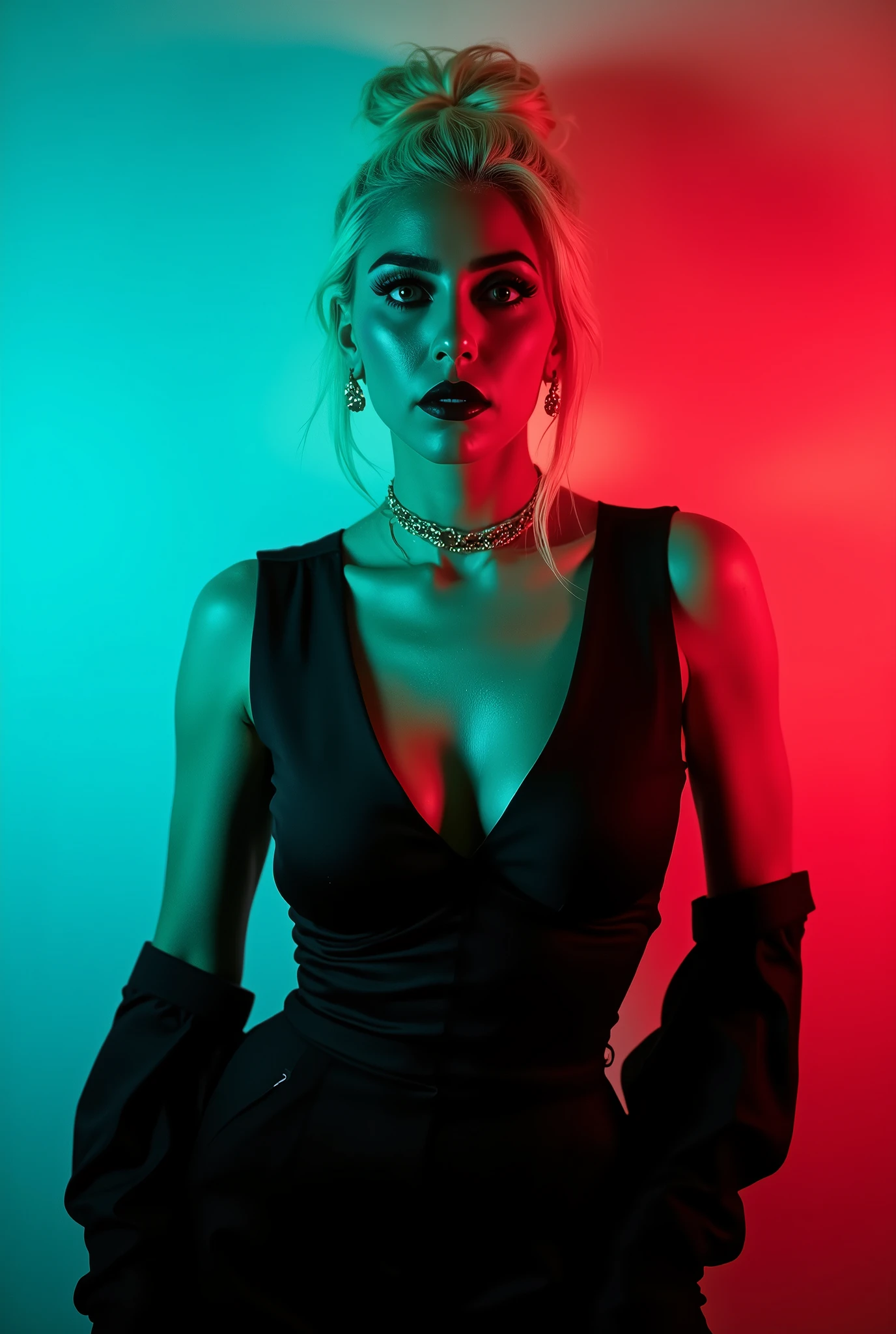 Lady Gaga with blue-green and red studio lights with empty background