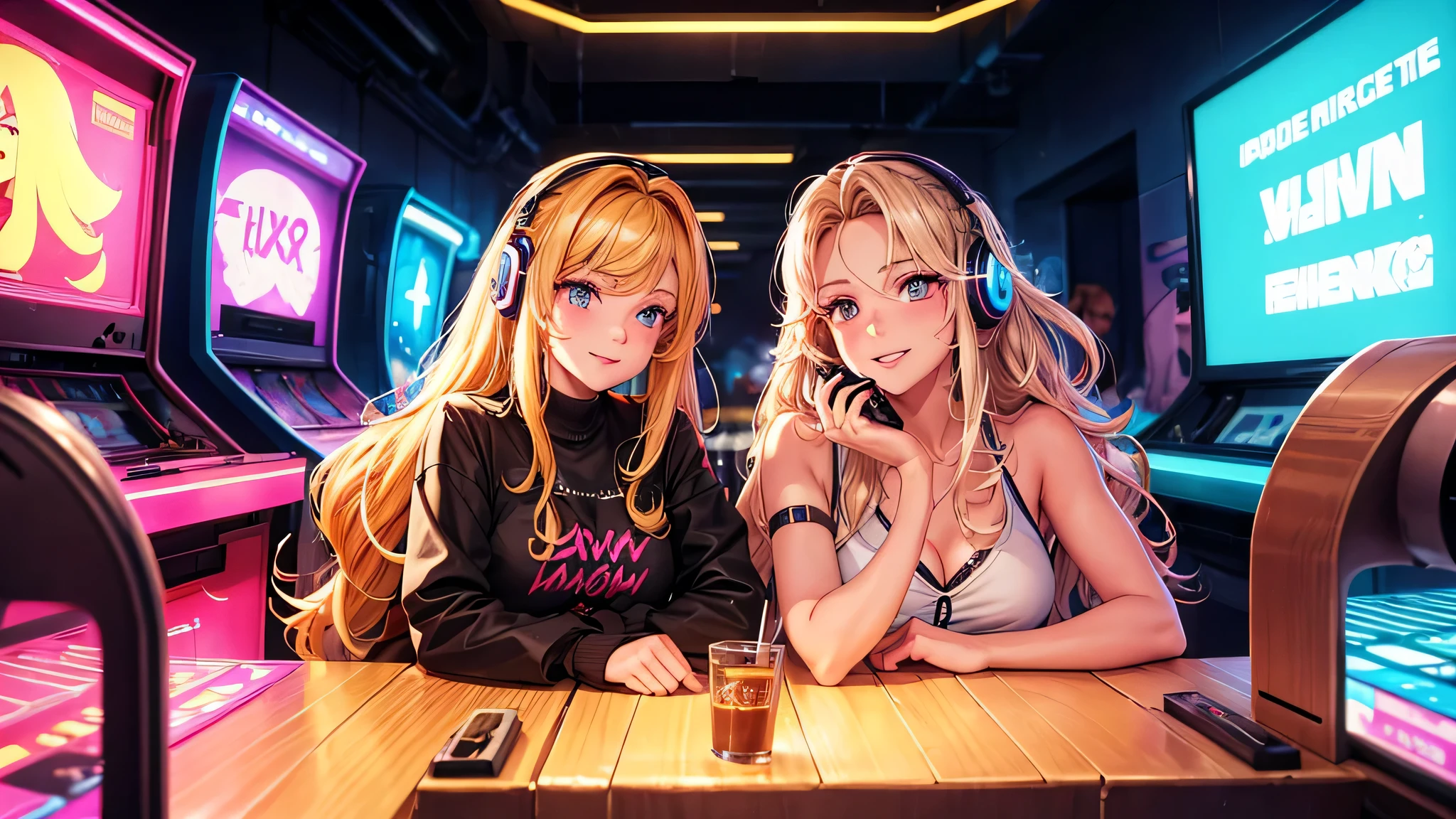 A 22-year-old woman with long blonde hair poses alongside a  with long dark blonde hair in a Miami arcade from the 80s, captured in synthwave style. Their extroverted smiles and radiant honey-colored eyes reflect youthful joy. The older girl's wavy hair cascades to her waist, shining under the neon lights, while both wear casual 80s fashion. Their bright eyes and parted lips showcase their beautiful smiles, embodying the innocence of their age, with glowing headphones that enhance their synthwave aesthetic.