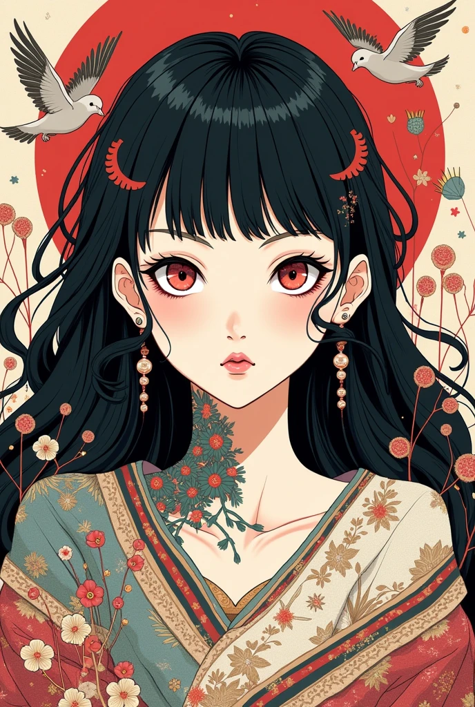 ((best quality)), ((masterpiece)), (detailed), ((perfect face of [Nezuko Komado] from Kimetsu No Yaiba)), black hair, pink eyes, surreal, art nouveau, sparrows, fantasy, sci-fi, line drawing, japanese, traditional, vintage, elegant, chic, sophisticated, tattooed face, black and white, in the style of french illustrator moebius, 
