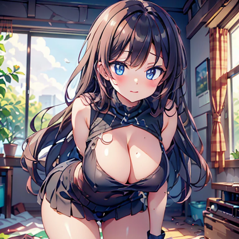 Anime Kawaii sexly Perfect Slim sensual body large breast and huge thighs, An intricate and highly detailed illustration of anime (Young girl ((highest quallity)), ((work of art)), (detailded), A person,age 25,(black knit sweater),(mini-skirt),bare one shoulder,breasts big,blush,below the bust,(Your cleavage is visible),(excited expression),(seduce),natta,hinterland,ruins,nattaのruins,Poor lighting,(in a dimly lit room),(in a messy room),Be careful when browsing,sexly,grimy,sweat,(Black knee-high socks),