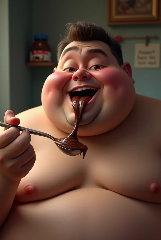 Chubby guy eating Nutella