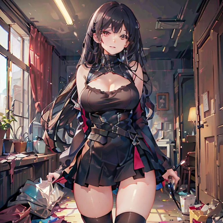Ultra-high detail. Photorealism. Intimate atmosphere, flowing light. The atmosphere radiates tenderness, bliss and passion. My girlfriend and I are in some kind of dusty warehouse, my girlfriend in a short skirt sits on a table ((Skirt lifts up)), The girl wraps her legs around my waist. I insert my dick into her horny wet pussy. Love juice is flowing from the pussy. We merge in the ecstasy of love. In a fit of passion, almost all our clothes were taken off. My girlfriend throws her head back in bliss and moans loudly. Her long hair hangs down. No one had ever fucked her like that.