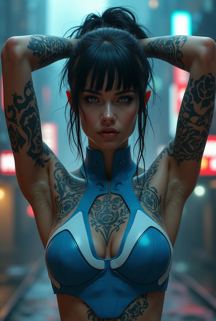 A cyberpunk tattooed girl wearing blue and white clothes modeling with her arms extended into the air
