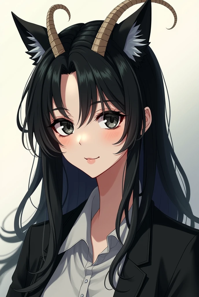 Anime drawing of a thirty-year-old woman, black eyes, sharp pupils like a cat, long black hair with a single goat-like horn on the right side of her forehead, wearing work clothes that cover her body, her gaze is calm and humble, a simple and calm smile, a beautiful face, a slim and perfect body