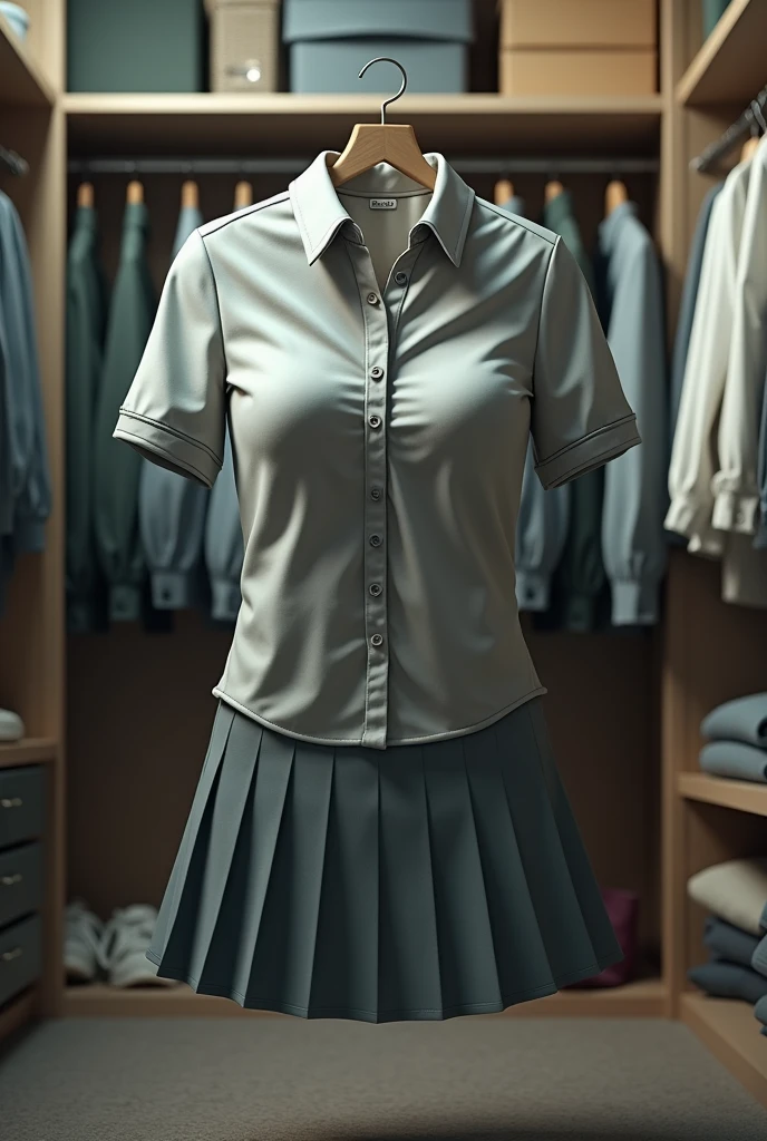 school uniform, ((invisible, no humans:1.5, headless:1.5, handless, legless)), (detailed), (photo realistic:1.8), (photon mapping), (8k), (big breast), on hanger, in closet