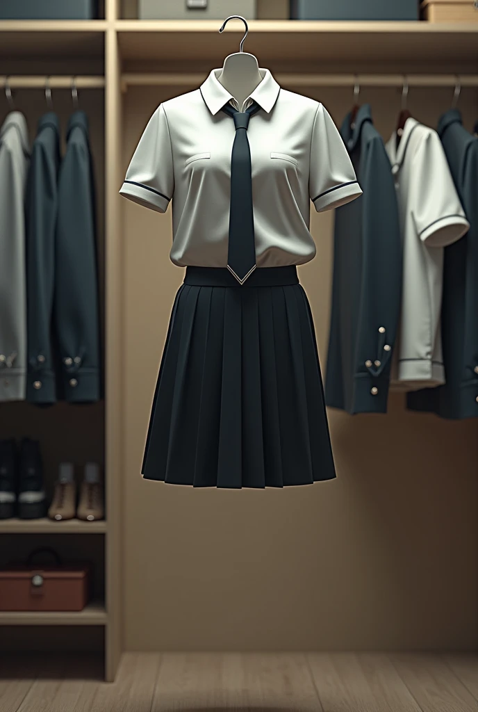 school uniform, ((invisible, no humans:1.5, headless:1.5, handless, legless)), (detailed), (photo realistic:1.8), (photon mapping), (8k), (big breast), on hanger, in closet