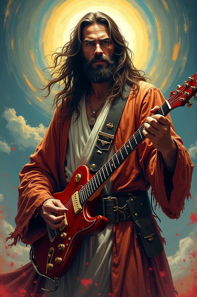 Jesus with the crown of thorns as a guitarist at a heavy metal concert , playing among people in a stone courtyard in a medieval village . Rainy weather. The fans are dancing and chanting. All around scantily clad women pole dancing