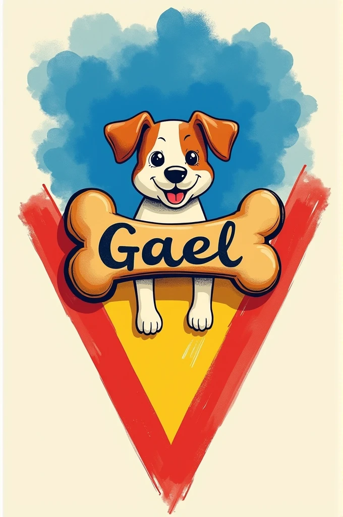 create an AI image of a triangular coat of arms in royal blue, yellow and red, in the lower part of the coat of arms a dog bone and inside the bone the writing "GAEL" in watercolor tones in a children's vector design style, Cartoon