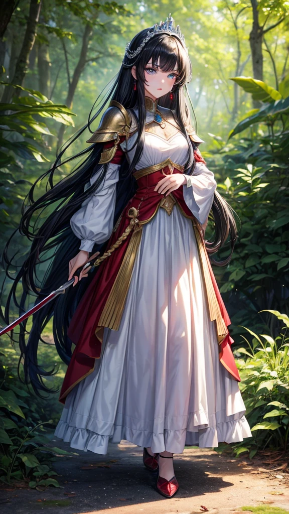 アニメ , an 18 year old princess, pretty, {face perfect}, {Bblack hair}, {blue colored eyes}, {asymmetrical eyes}, {perfect nose}, {red lips}, {full body 5.0}, {{{silver red armor, detailed}}}, {walking, in a forest} 

{8k image}, {128k ultra resolution}, {ultra quality 128k}, {128k high quality sharpness}
