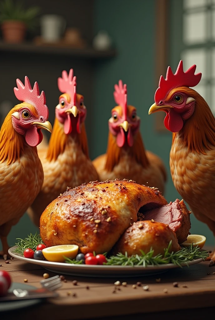 Chickens eating roast chicken