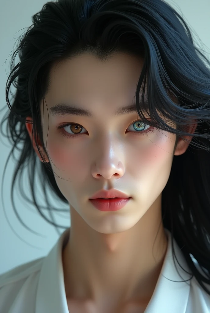 Make a 29 year old man who is Chinese, young and attractive face, with one brown eye and one blue eye, somewhat long and black hair