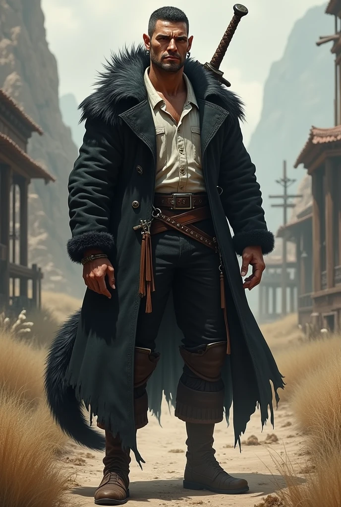He is a tall indigenous man, 2 meters tall, with a square face and short dark hair and a beardless face with a smooth, clean-shaven face. His eyes are wolf-like and one of them is closed with pointy ears with earrings. He wears a dark black overcoat with a white shirt underneath and dark pants and has a strong physique with broad shoulders and chest and a large wolf tail. A large sword is strapped to his back. I would like the art in a fantasy RPG style. In the Old West
