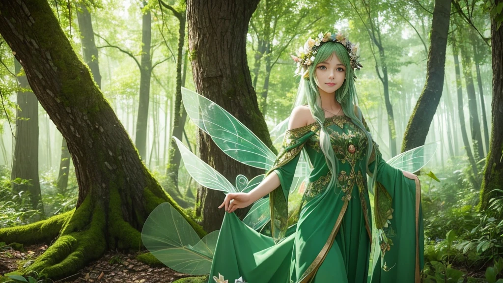 "A Leaf Fairy, a mystical creature connected deeply with nature and the wind. She has flowing green hair, delicate wings resembling leaves and flowers, and eyes that exude the vitality of nature. Though she appears to be in her early 20s, her true age is unknown, adding to her enigmatic aura. She is dressed in modest, plant-based clothing that emphasizes her close bond with the earth. Her expression is always gentle and calm, with a motherly smile that radiates warmth and serenity. New Leaf Fairies emerge from the ancient trees and fertile ground within lush forests, continuing the cycle of life in harmony with the natural world."