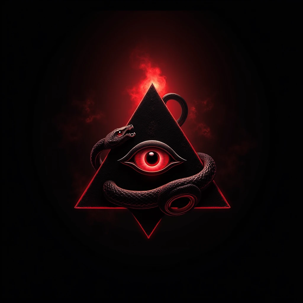 Create a logo, Pyramid with an eye in its center, snake coiled around the pyramid. Use colors are black and red