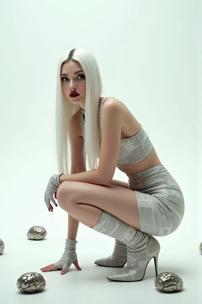 A woman with long straight white hair,she will wear a paper crop top made from newspaper,a mini paper skirt made from newspaper and a boot made from newspaper,she will be crouched and the background will be white with little metallic brains floating in the background,I want her beautiful like a model,she will wear a newspaper glove and wine red lipstick