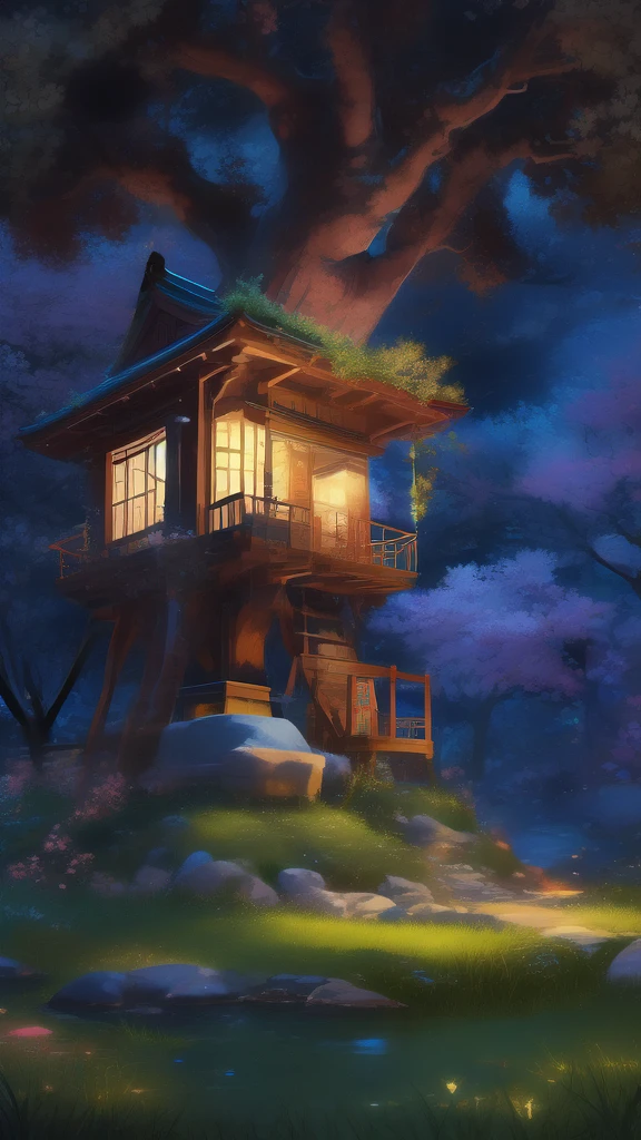"Create a vibrant scene of a cherry blossom festival during twilight, featuring a character in a traditional kimono. The character should be standing under a canopy of pink blossoms, with lanterns gently glowing around them. The background should showcase a serene park with a small pond reflecting the blossoms and lantern light, reminiscent of the art style from Your Name."