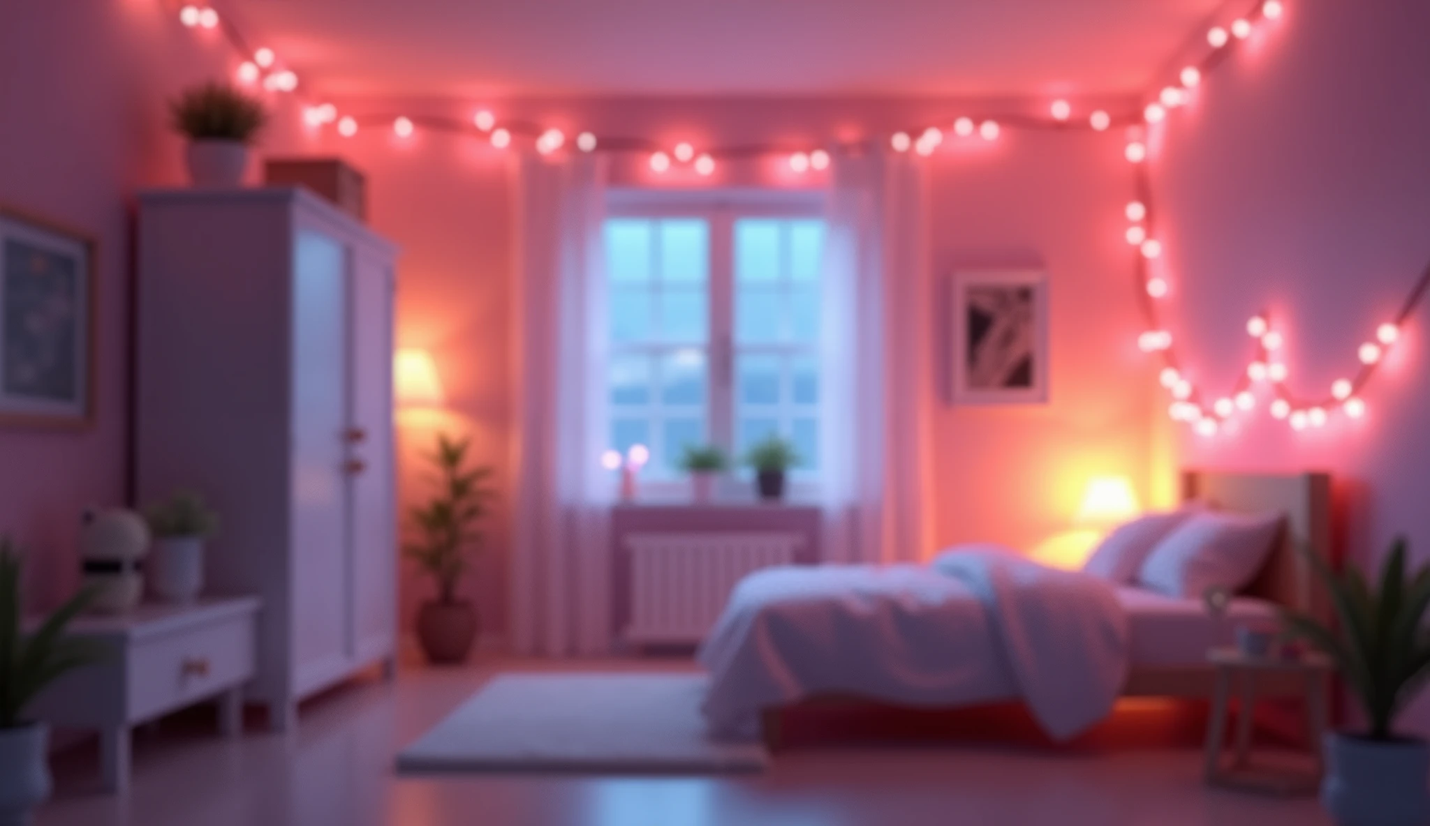 Background image, graphic CG digital art, girls room, spacious, white wardrobe, bed with white sheets, table lamp, pink heat fairy lights, warm soft light, dark room, no window, no people, indoors, 2.5D, delicate and dynamic, blurry