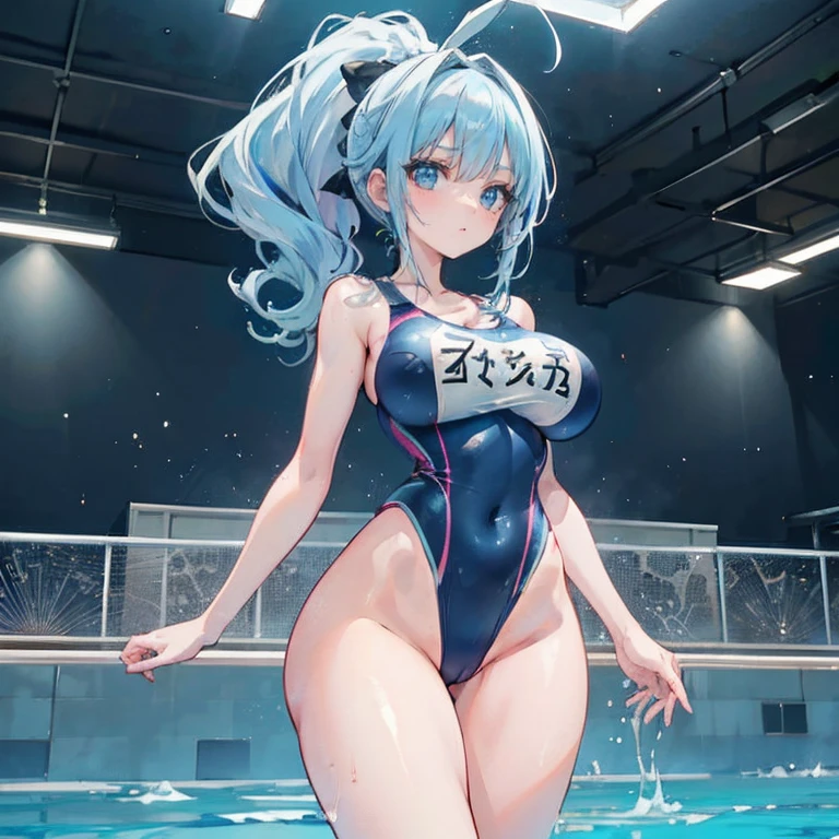 Anime Kawaii y Perfect Slim sensual body large bred huge thighs, An intricate and highly detailed illustration of anime (Young girl (cute), ((sexly)), ery detailed)), 4K, (8k), Highest quality,Cowboy Shot,Sexy woman, Woman,Very large breasts,((Lightair color)),((Blue eyes)),(High Ponytail),((Embarrassing)),(((High leg competitive swimsuit))),Ultra-glossy body,Poolside