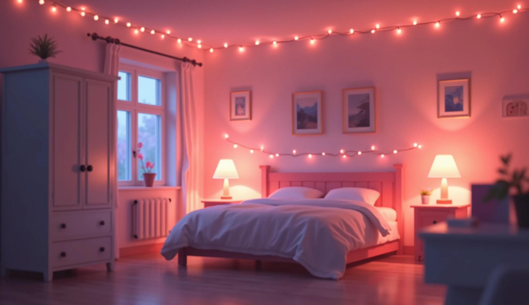 Background image, graphic CG digital art, girls room, spacious, white wardrobe, bed with white sheets, table lamp, pink heat fairy lights, warm soft light, dark room, no window, no people, indoors, 2.5D, delicate and dynamic, blurry