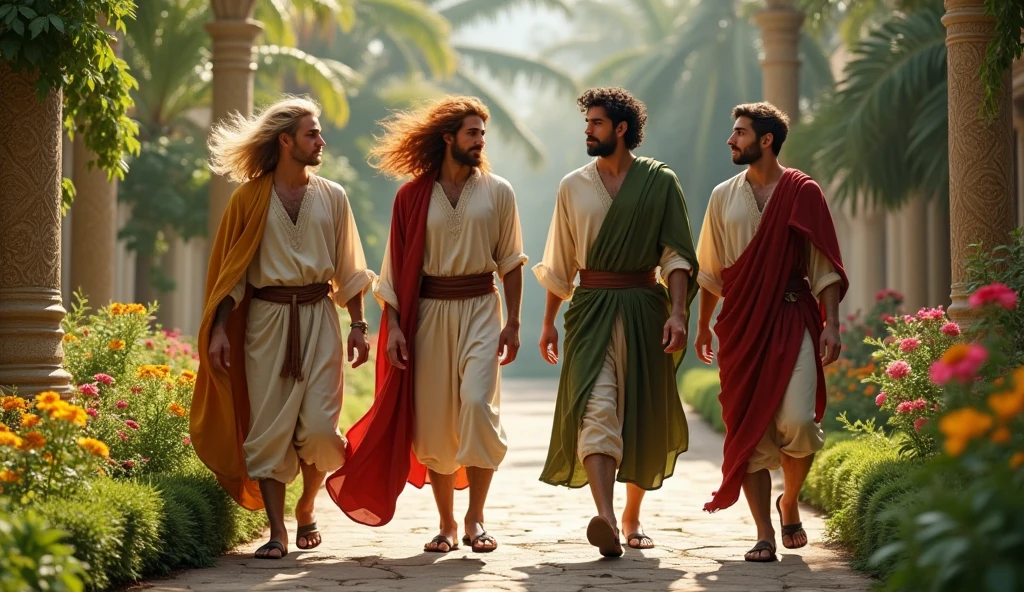 Four young Jews between 15 and who live in Babylon at the time of Nebuchadnezzar. One is called Daniel. Another is called Assarias. Another is called Shadra and another is Abel Negus. They look happy, well dressed and healthy. One has blond hair. One has red hair. One has brown hair. One has black hair. Both are walking through the gardens of the royal palace.