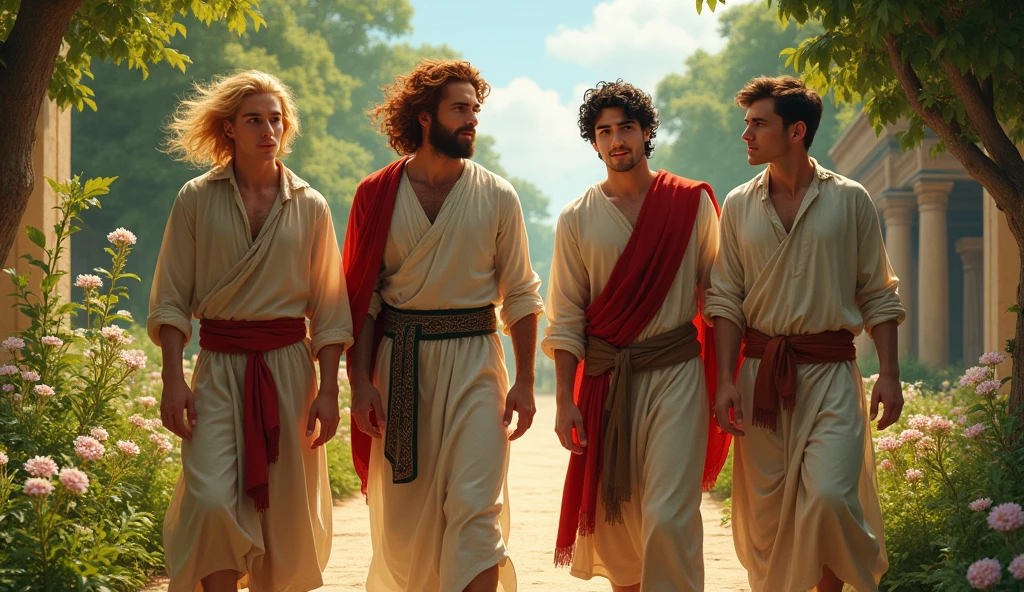 Four young Jews between 15 and who live in Babylon at the time of Nebuchadnezzar. One is called Daniel. Another is called Assarias. Another is called Shadra and another is Abel Negus. They look happy, well dressed and healthy. One has blond hair. One has red hair. One has brown hair. One has black hair. Both are walking through the gardens of the royal palace.