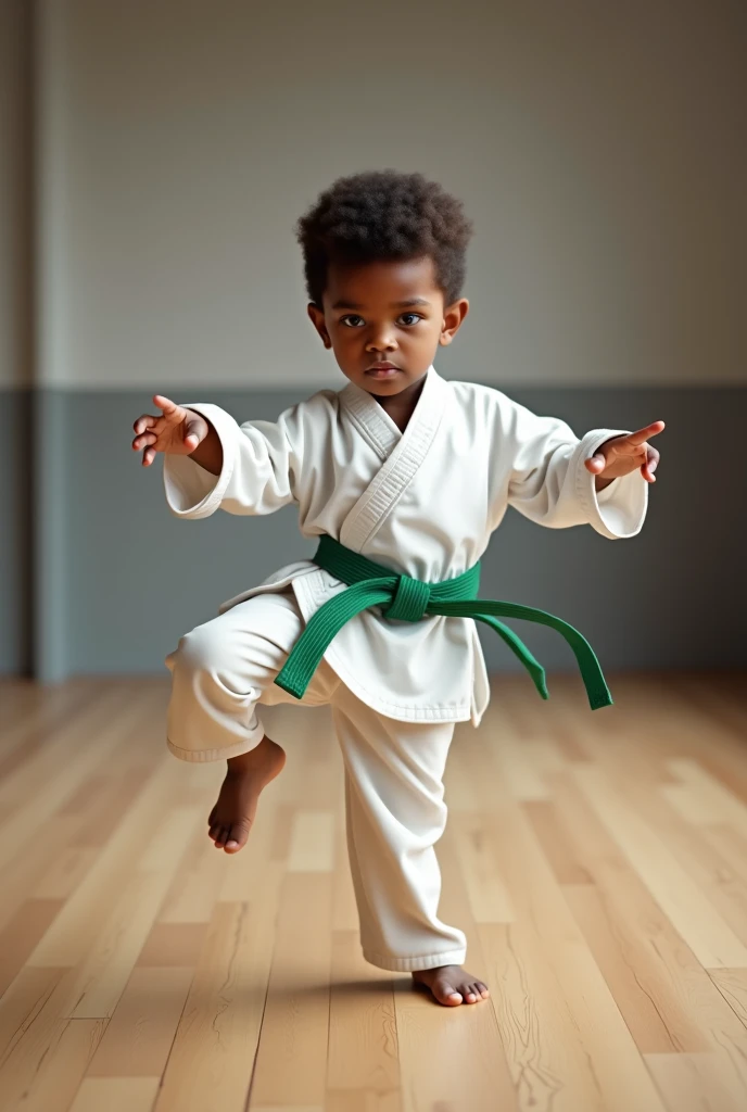 taekwondo 4  dark-skinned boy kicking with green belt


