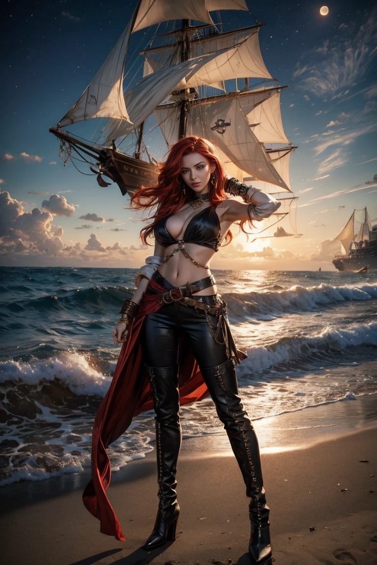 full body A woman with red hair and emerald eyes. She has an hourglass shape and poses dramatically.. He wears a flowing white pirate shirt that hangs low on his shoulders.. His pants are leather and tight, with seam on the side of the leg. He wears tall leather pirate boots. Your jewelry is gypsy style. he stands on the beach in the moonlight, a pirate ship with a mast in the distance, fog, smoke, a dramatic scene