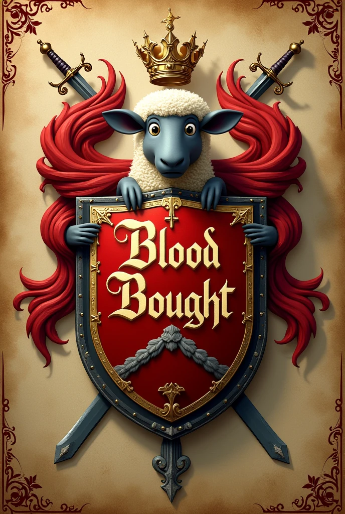 Make a Brotherhood Crest as Blood Bought Name. Put the name bought by blood on the coat of arms. Put the character Shaun the Sheep. 