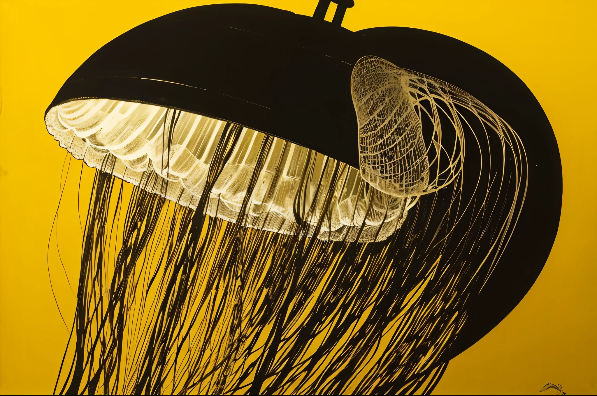 very large,one jellyfish,monochrome,old painting,yellow background,Rantan,space