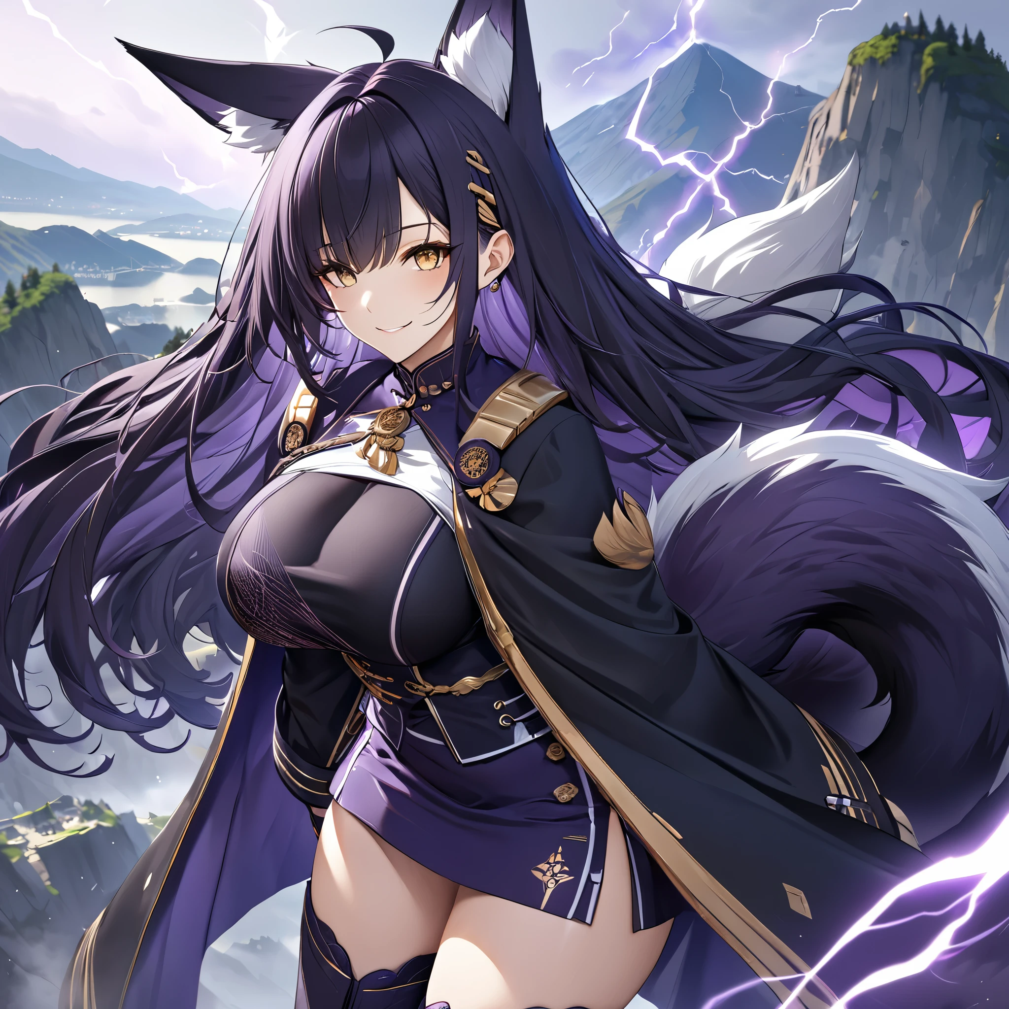 A woman wearing a black kimono with dark purple details, Japanese black purple skirt, exposed thigh leg, large breasts, long purple fur cape, dark purple hair, long hair, purple barrettes in her ears, gold barrettes in her hair, claw mark on her cheeks , yellow eyes, standing, smiling, purple lightning effect around, on a high point of a mountain, with a view of a city in the background, kitsune tail, multi tail, kitsune ear, (Azur_lane, IJN_Musashi.)UHD, masterpiece, textured skin, super detail, high quality, best quality, 8k, highres, accurate.
