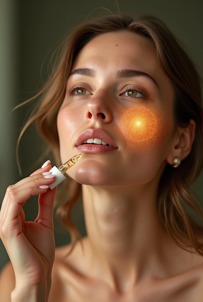 "Transform your skin with our innovative liquid supplement. Watch the magic happen: a woman with dull, lifeless skin starts using our product, applying it with a dropper bottle. As she consumes the supplement, your skin begins to visibly gain radiance and vitality, becoming radiant and rejuvenated. Experience the power of transformation and discover radiant, revitalized skin."