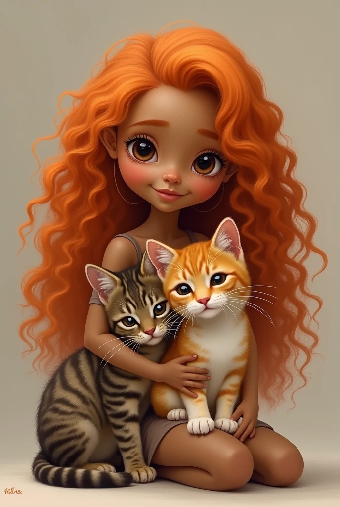a BROWN SKINNED girl with long curly orange hair. next to her cat with brown and gray fur, with stripes