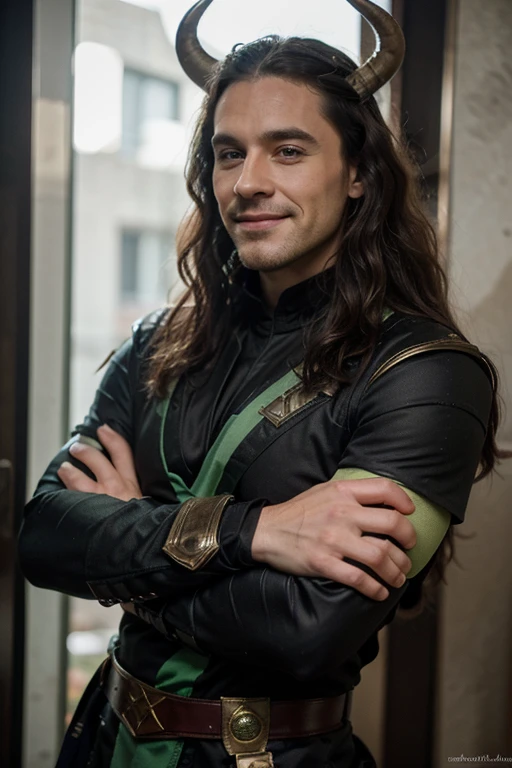 Tall 1.85 metres, English Male, 3, muscular, thin, unshaved stubble beard, olive skin, tanned, handsome green eyes, deep sight, wavy long hair,  classy dressed casual badass, in black clothes smiling,  he is dressed in Loki armour black and green and horns 