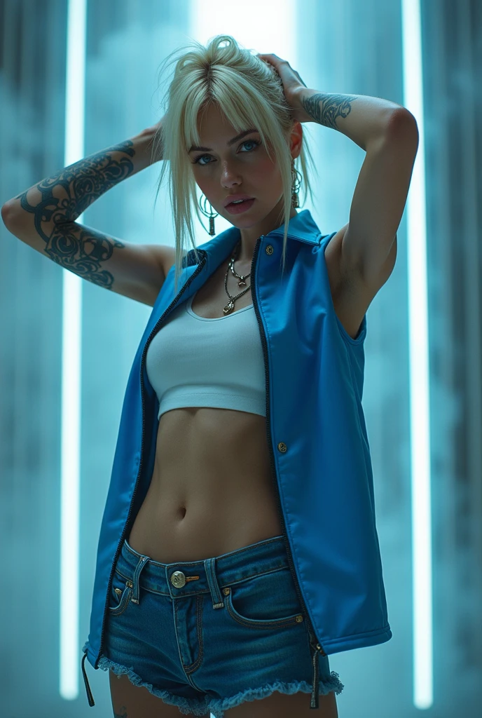 A cyberpunk blonde tattooed girl wearing blue and white clothes modeling with her arms extended into the air 