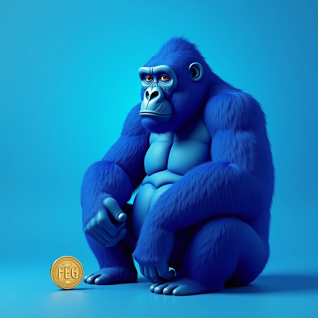 Blue gorilla , feg token , blue plain background , coin , sitting gorilla , noble ,