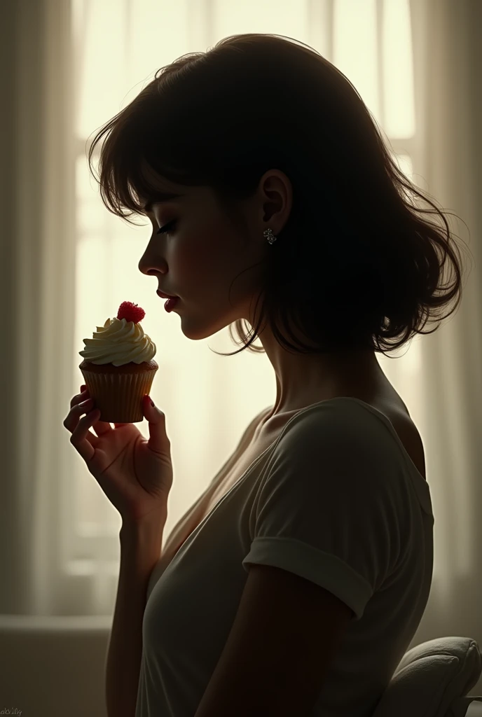 Silhouette of a woman's face with shoulder-length hair holding a cupcake