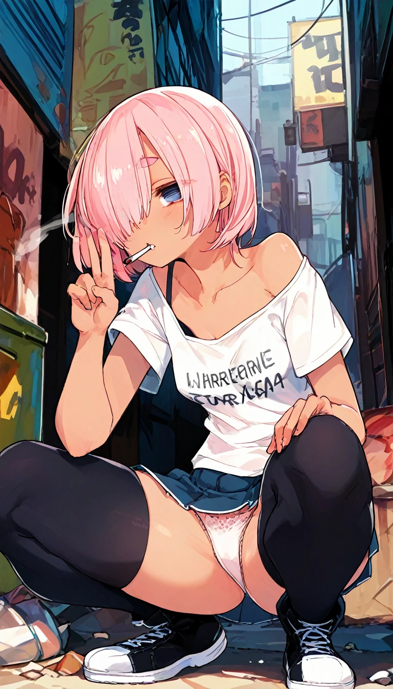 1girl, solo, short hair, bangs, hair over one eye, Alley, squatting, usu with elbows on knees, smoking in mouth, Lazy expression, V-neck T-shirts, visible bra strap, super mini skirt, visible panties, light pink color panties, small breasts, black tighhighs, white lace-up boots, ((looking out)), (dark skin), Droopy eyes, Thick eyebrows, clavicle, Plump thighs, 