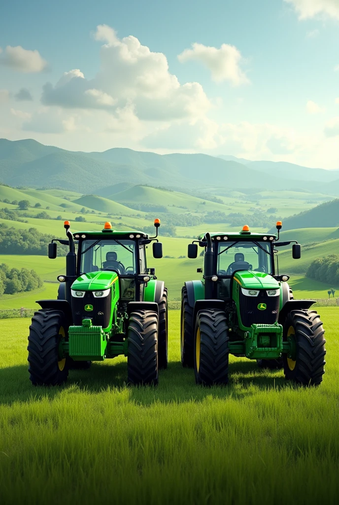 Create a realistic image of the symbol of world agriculture with John Deere tractors