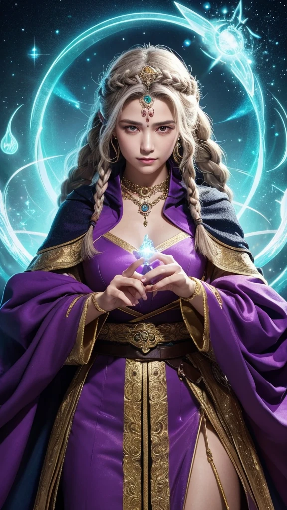 8K,Medium color portrait illustration of an attractive female wizard with ponytail、In the style of Adrian Genie、smile for a long time, Loose, Sexy wizard's robe with intricate flowing blue embroidery、Super beautiful(like the real thing),Blonde curly hair,masterpiece、highest quality、very detailed(dungeon background)、magician_grams、necklace、Pouch、internal、(big glowing rune circle)、fire and ice、cast a spell、very detailed顔、超A high resolution、In the style of Adrian Genie、 by Esao Andrews、jenny saville、end ward hopper、surrealism、Dark Art by James Jean、takato yamamoto、inkpunk minimalism、highest qualityの詳細、realistic、High resolution、high quality texture、spectacular lighting、Movie stills、soft writing,emits purple energy,Close-up,dynamic pose,