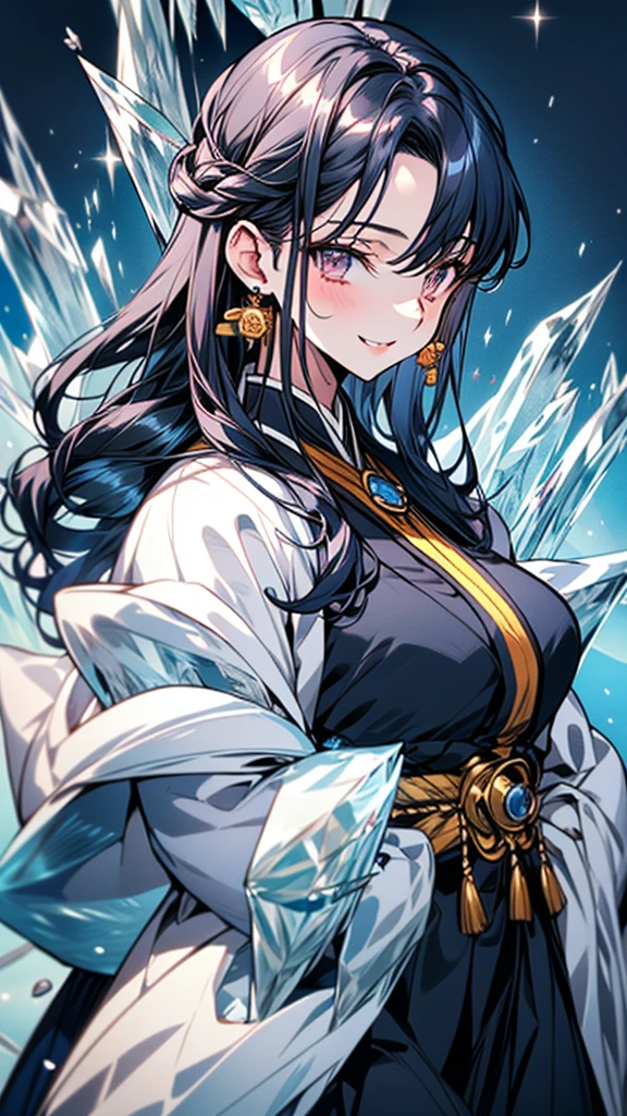 masterpiece, High resolution, accurate, Anatomically correct, most high quality, Very detailed, high quality, Ultra high definition, Big Tits Earrings, Sparkling eyes, Cowboy Shot, moving line, Speed Line, mage,sexy pose,(((one woman,master of ice:1.5))),smile,Different world,another world、湖