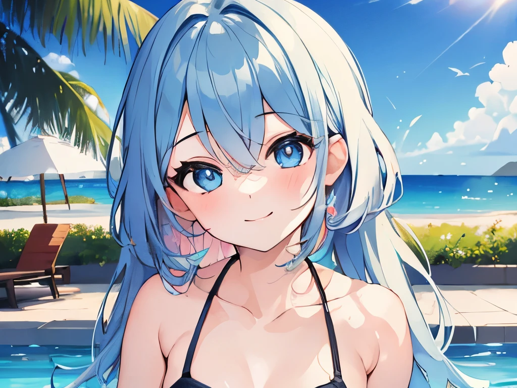 ((masterpiece)), ((best quality)), (ultra-detailed), pool, a cute girl, 1girl, solo, bikini, ((beautiful eyes)), smile