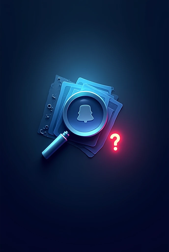 Create a 150 x 150 pixel image with a dark background, using shades of blue and purple to evoke a mysterious atmosphere. In the center, place an icon of a magnifying glass with a soft glow around it, representing investigation and discovery. Near the top edge, add a small silhouette of a file or book, symbolizing cases. In the bottom corner, include a glowing question mark to represent mystery. If text is included, use a mysterious font with either the channel name or the word 'Mistérios.'"