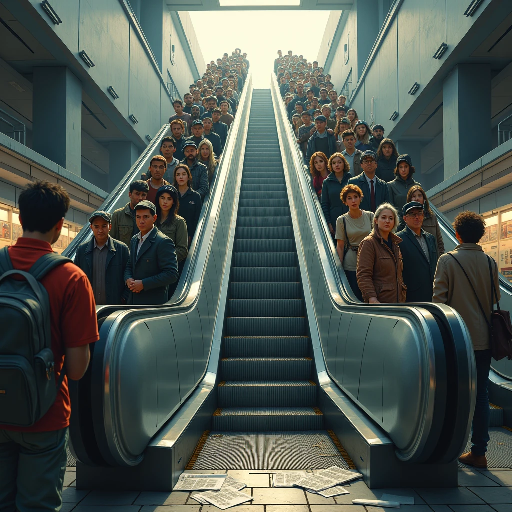A broken escalator with a line of people going up.