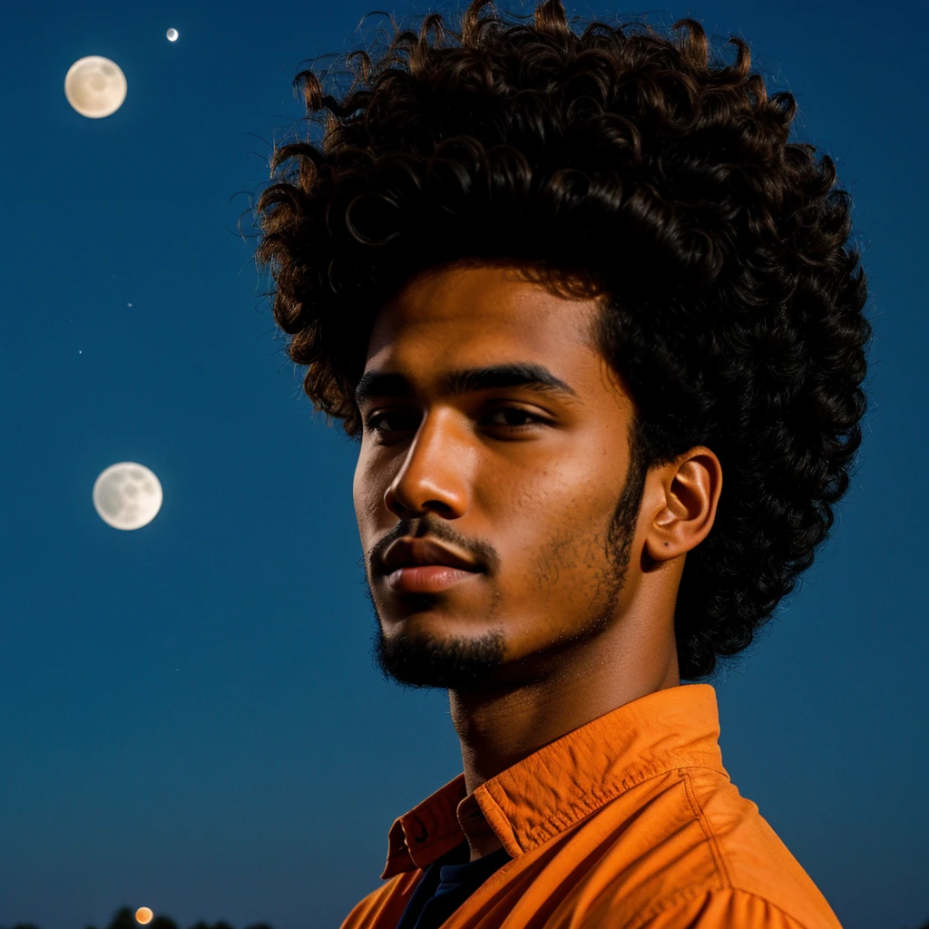 A young man with brown skin and hair in a twist style looking at the moon