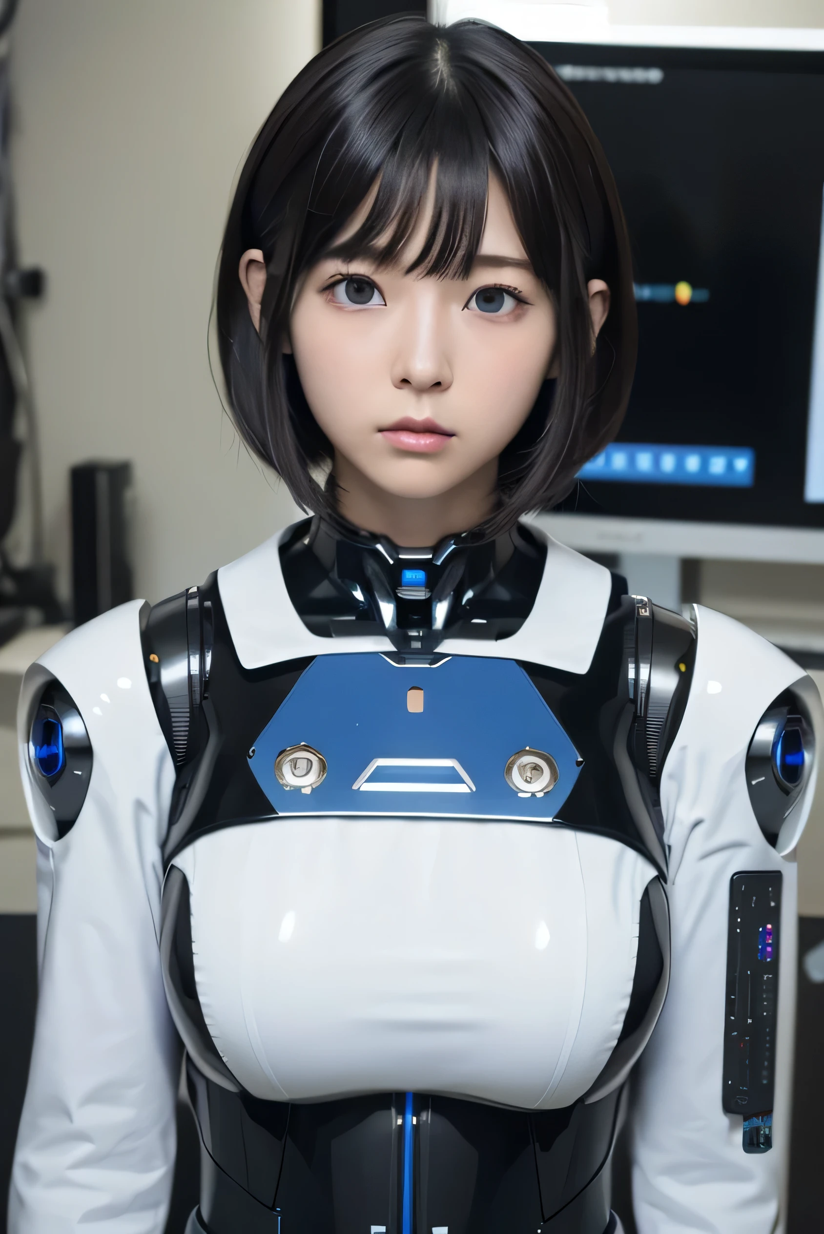 masterpiece, best quality, extremely detailed, Japaese android girl,portrait,Plump,a bit chubby,control panels,android,Droid,Mechanical Hand, Robot arms and legs, Black hair,Blunt bangs,perfect robot girl,long tube,thick cable connected her neck,android,robot,humanoid,cyborg,japanese cyborg girl ,robot-assembly plant,She is assembling now,assembly scene,blue eyes,chest monitor,hypnosis,blank eyes