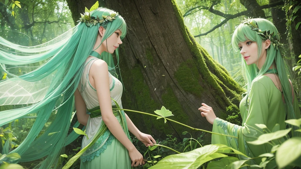 "A Leaf Fairy, a mystical creature connected deeply with nature and the wind. She has flowing green hair, delicate wings resembling leaves and flowers, and eyes that exude the vitality of nature. Though she appears to be in her early 20s, her true age is unknown, adding to her enigmatic aura. She is dressed in modest, plant-based clothing that emphasizes her close bond with the earth. Her expression is always gentle and calm, with a motherly smile that radiates warmth and serenity. New Leaf Fairies emerge from the ancient trees and fertile ground within lush forests, continuing the cycle of life in harmony with the natural world."