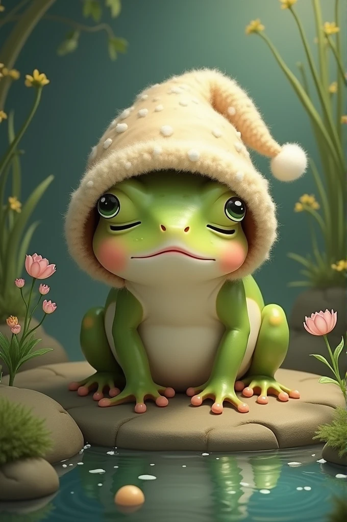 Cute little frog with a sleeping cap 