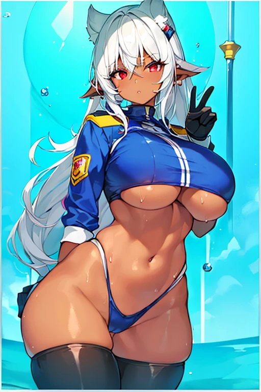 1girl, dark skin, dark-skinned female, red eyes, white hair, long hair, large breasts, thick thighs, underboob, hourglass figure, mature female, thighhighs, police, badge, shy, parted lips, bikini highleg bikini, peace sign, v, gloves, competition swimsuit, wet, blue trim, neon trim,