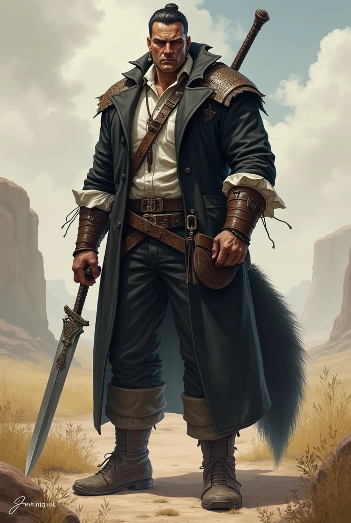 He is a tall indigenous man, 2 meters tall, with a square face and short dark hair and a beardless face with a smooth, clean-shaven face. His eyes are wolf-like and one of them is closed with pointy ears with earrings. He wears a dark black overcoat with a white shirt underneath and dark pants and has a strong physique with broad shoulders and chest and a large wolf tail. A large sword is strapped to his back. I would like the art in a fantasy RPG style. In the Old West