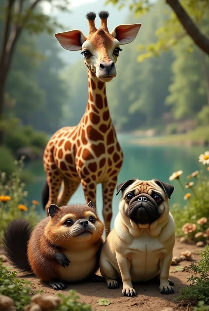 A beaver, pug and a giraffe next to each other
